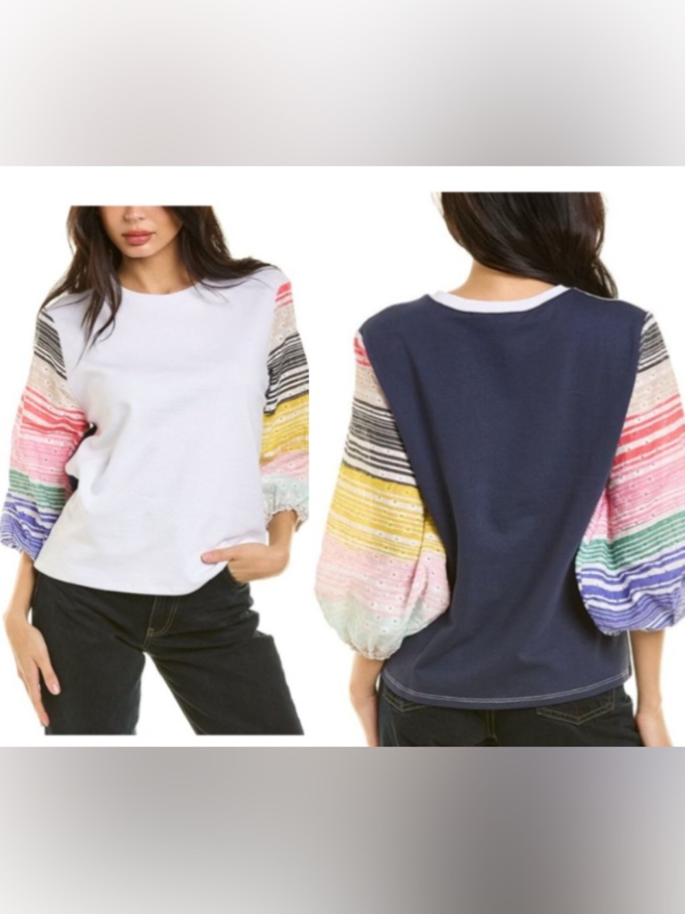 Vilagallo Eugen Top Womens M Striped Eyelet Balloon Sleeve French Terry Colorful